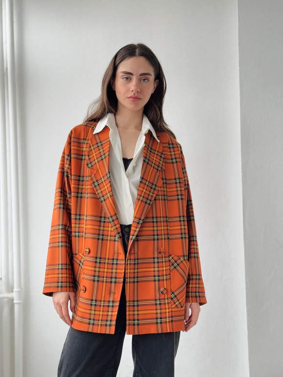 Retrobird 90lar Retro Model Açık Kiremit Ekoseli Oversize Tasarım Açık Kiremit Ekose Ceket