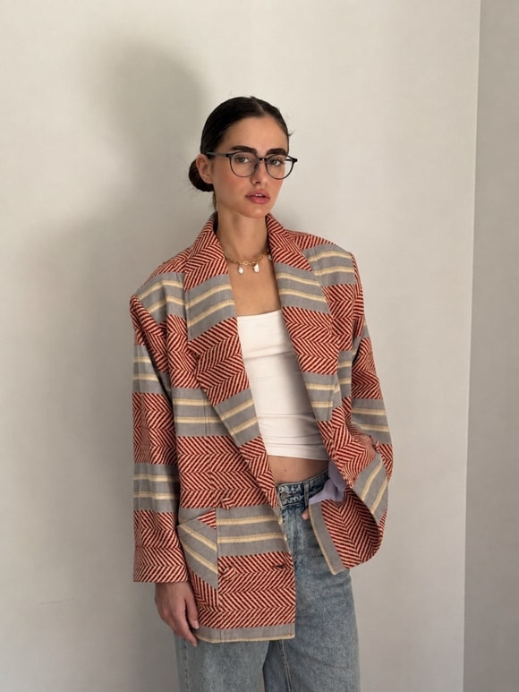 Retrobird 90lar Retro Model Kırmızı Oversize Tasarım Ekose Ceket