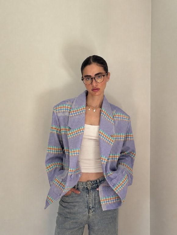 Retrobird 90lar Retro Model Eflatun Oversize Tasarım Ekose Ceket