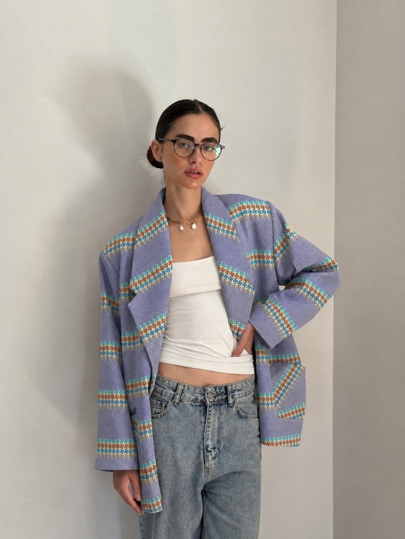 Retrobird 90lar Retro Model Eflatun Oversize Tasarım Ekose Ceket