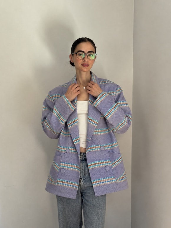 Retrobird 90lar Retro Model Eflatun Oversize Tasarım Ekose Ceket