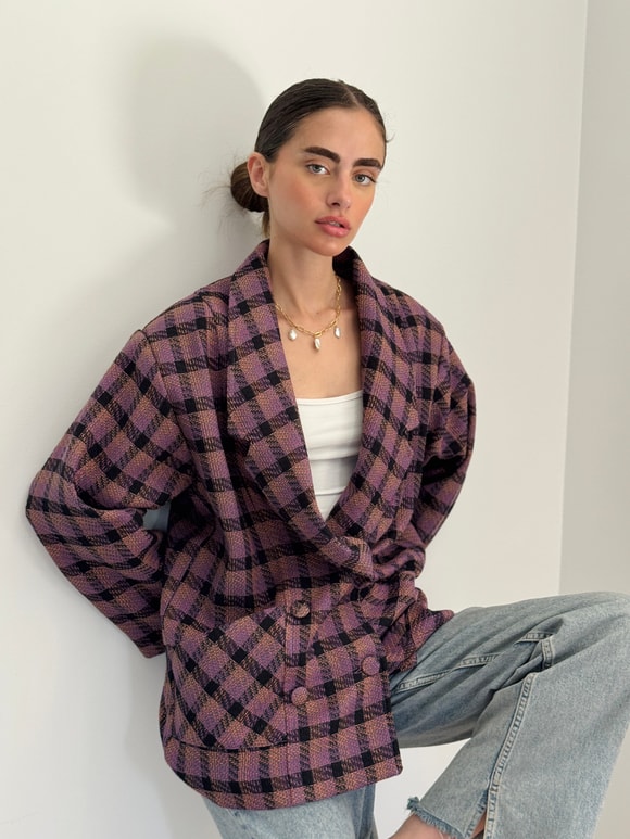 Retrobird 90lar Retro Model Lila Oversize Tasarım Ekose Ceket