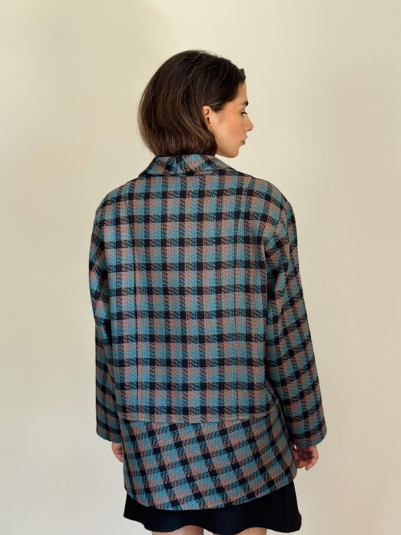 Retrobird 90lar Retro Model Oversize Tasarım Mavi Gri Ekose Ceket