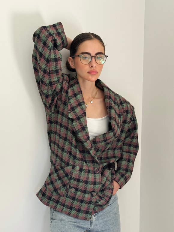 Retrobird 90lar Retro Model Yeşil Oversize Tasarım Ekose Ceket