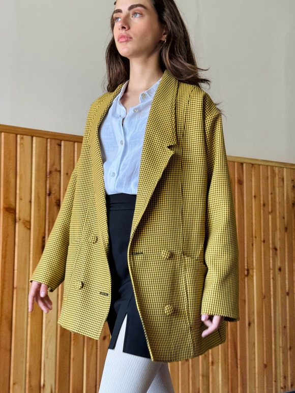 Retrobird 90lar Retro Model Sarı Kazayağı Oversize Tasarım Ekose Ceket