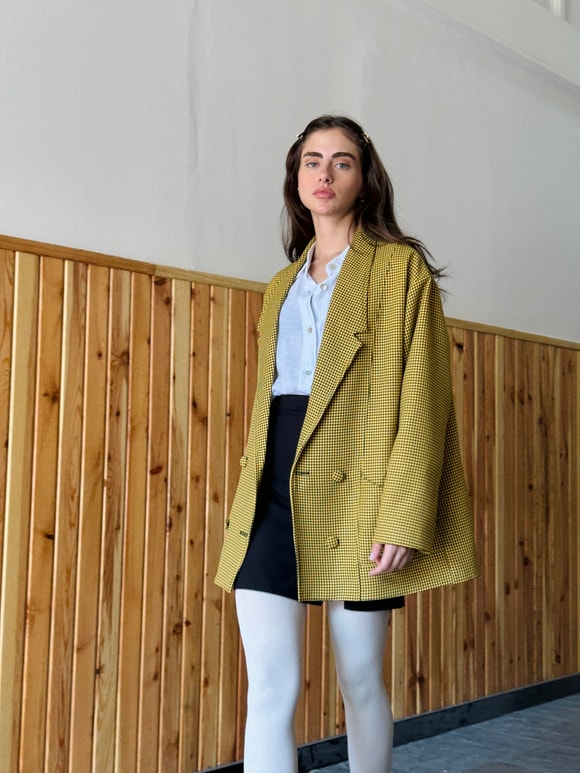 Retrobird 90lar Retro Model Sarı Kazayağı Oversize Tasarım Ekose Ceket