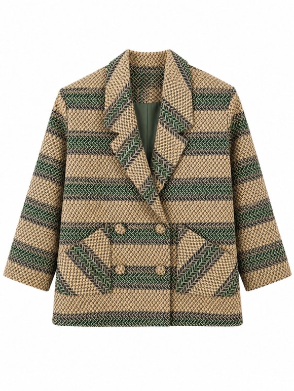 Retrobird 90lar Retro Model Yeşil-Krem Oversize Tasarım Ekose Ceket
