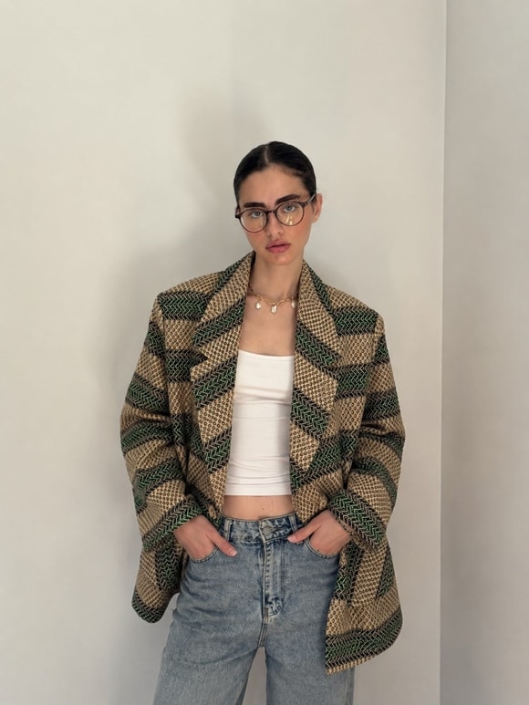 Retrobird 90lar Retro Model Yeşil-Krem Oversize Tasarım Ekose Ceket