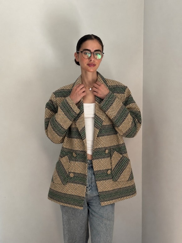 Retrobird 90lar Retro Model Yeşil-Krem Oversize Tasarım Ekose Ceket