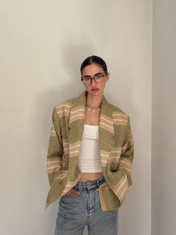 Retrobird 90lar Retro Model Zeytin Renkli Oversize Tasarım Ekose Ceket