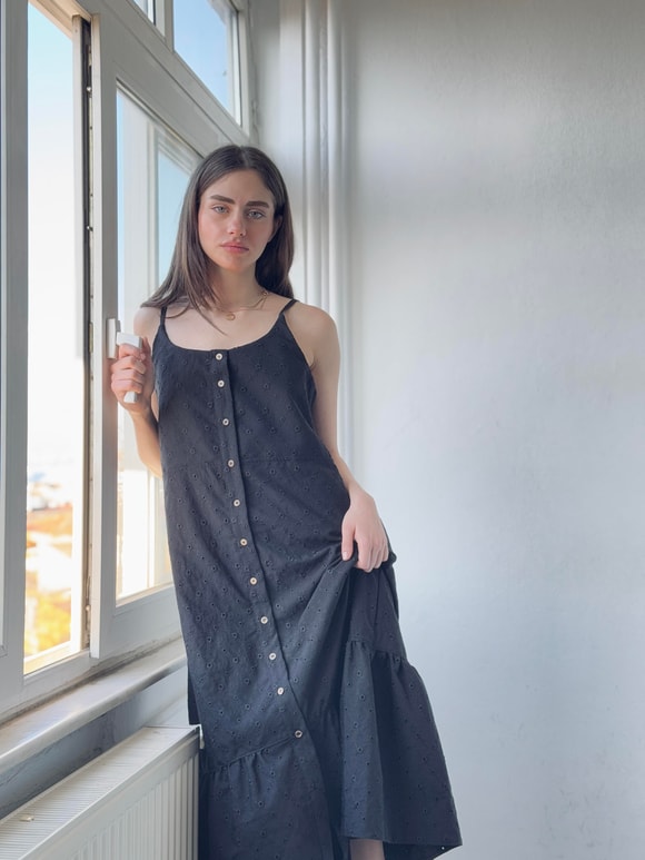 Retrobird Adel Askılı Brode Siyah Elbise