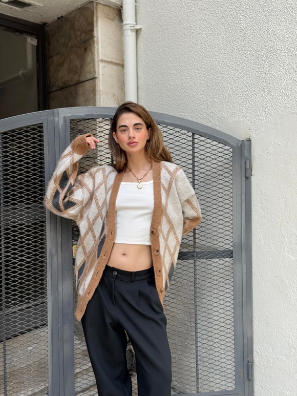 Retrobird Baklava Desen Camel Şardonlu Hırka