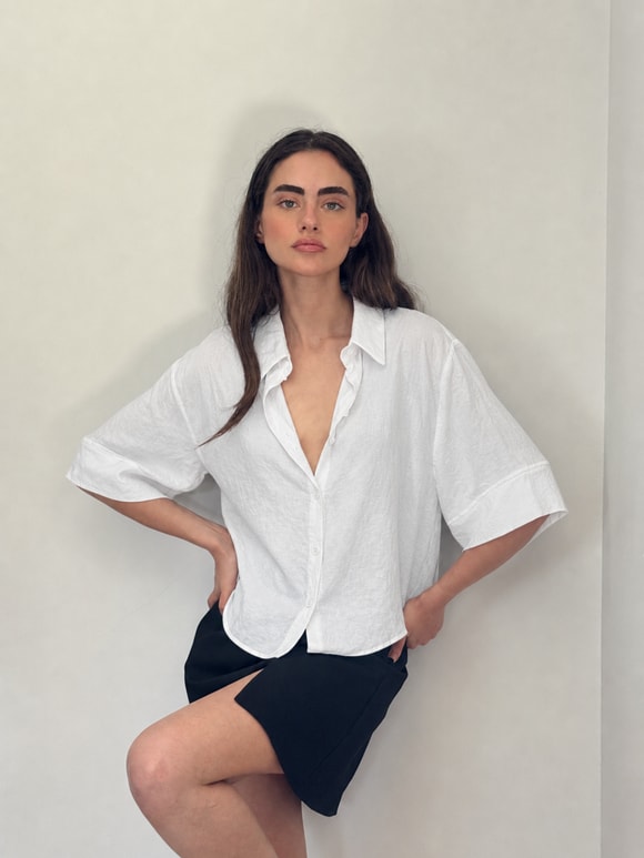 Retrobird Beyaz Renkli Keten Görünümlü Retro Model Bol Kısa Kol Kadın Gömlek