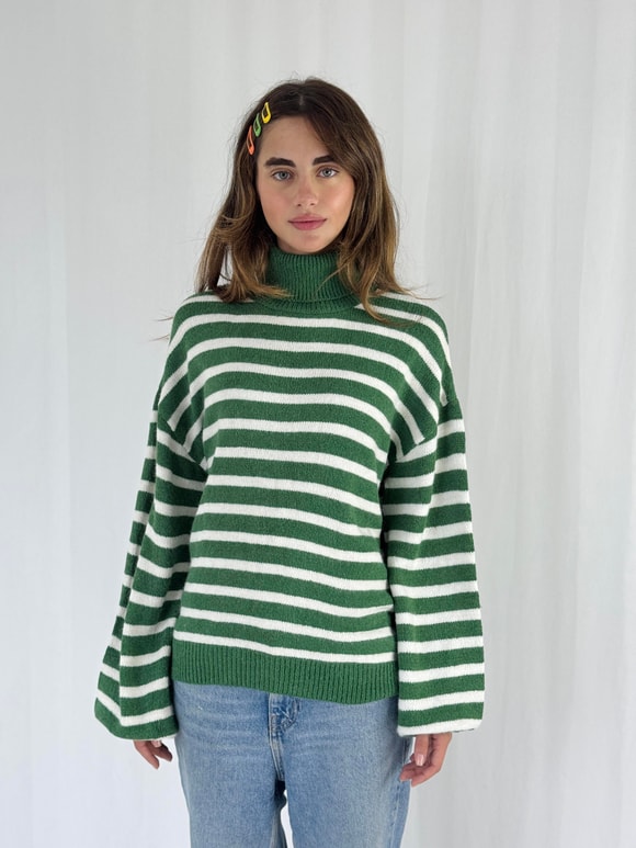 Retrobird Green Turtleneck Striped Sweater