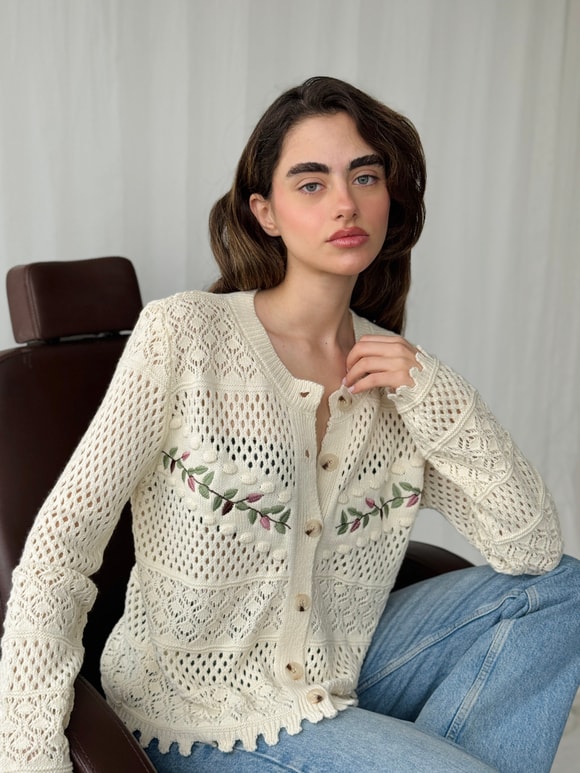 Retrobird Buğday Nakış İşlemeli Romantik Hırka
