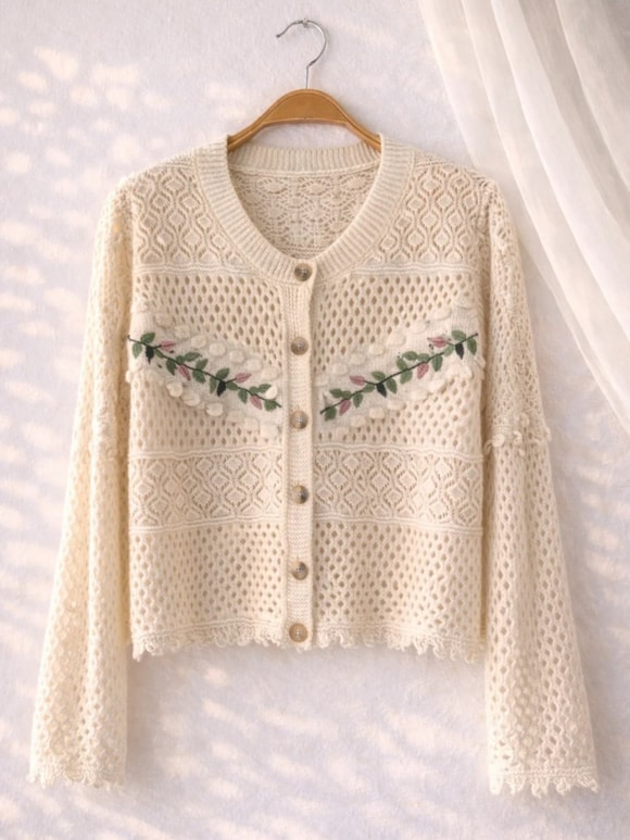 Retrobird Buğday Nakış İşlemeli Romantik Hırka