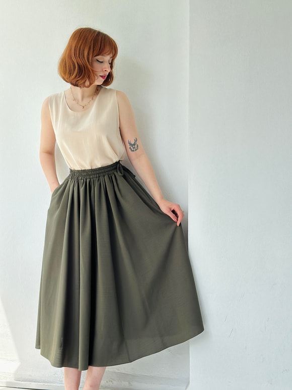 Retrobird Circle Flared Midi Length Khaki Skirt