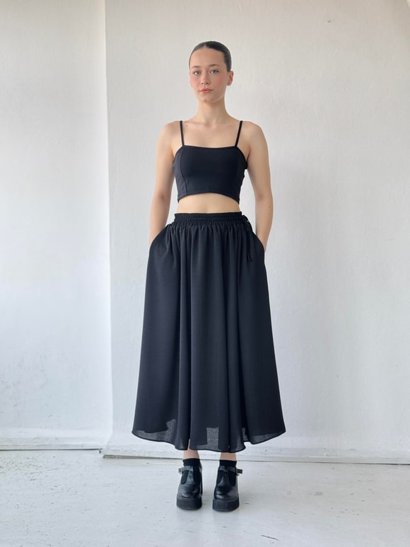 Retrobird Siyah Circle Kloş Midi Boy Etek