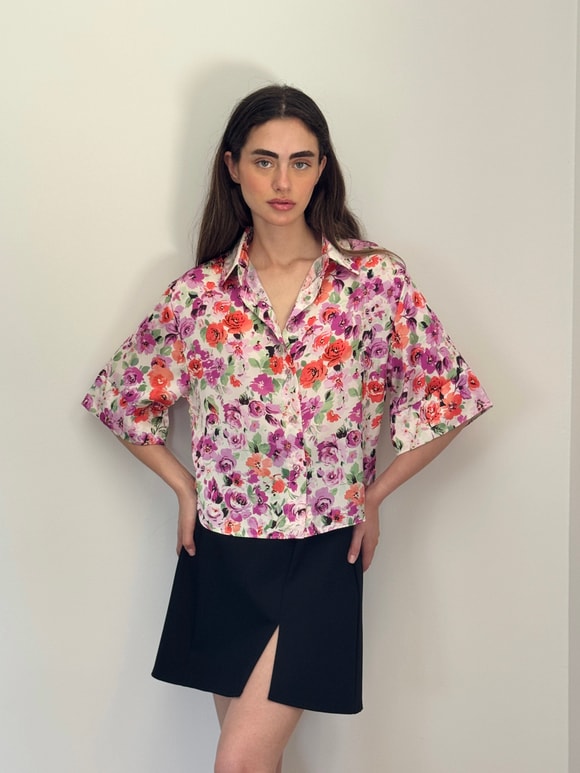 Retrobird Çok Renkli Retro Model Bol Kısa Kol Kadın Gömlek