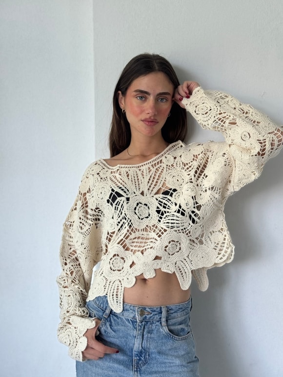 Retrobird Colette Çiçek Motifli Ajurlu Krem Kroşe Kazak