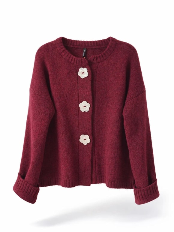 Retrobird Daisy Bloom Bordo Çiçek Düğmeli Hırka