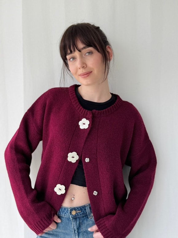 Retrobird Daisy Bloom Bordo Çiçek Düğmeli Hırka