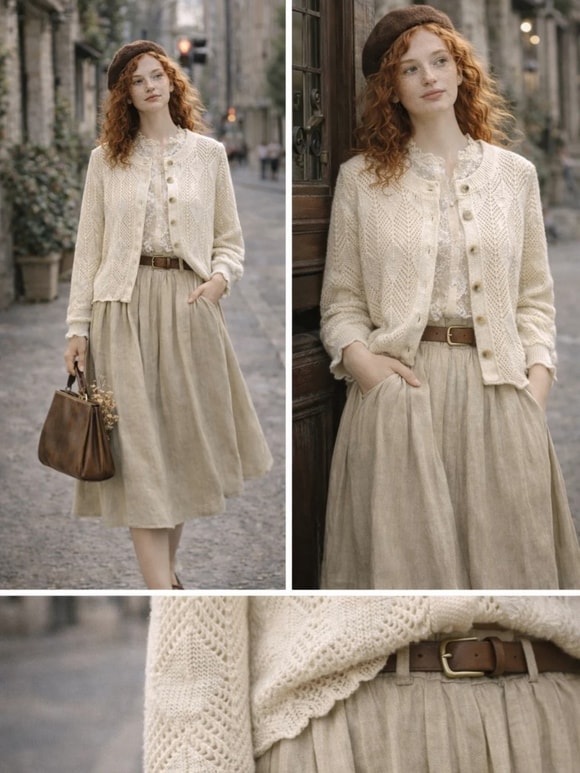 Retrobird Perforated Spring Cream Cardigan