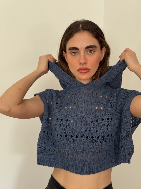 Retrobird İndigo Delikli Crop Baharlık Triko