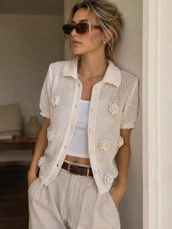 Retrobird Fleur Çiçek Aplikeli Krem Triko Hırka