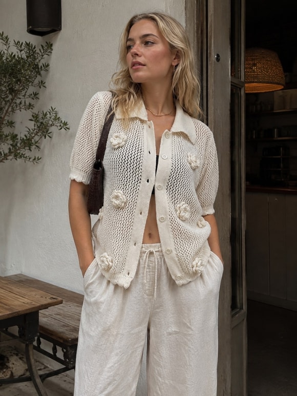 Retrobird Fleur Çiçek Aplikeli Krem Triko Hırka