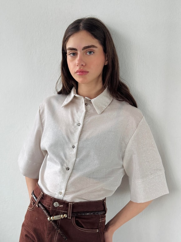 Retrobird Hafif Simli Retro Model Krem Gold Bol Kısa Kol Kadın Gömlek