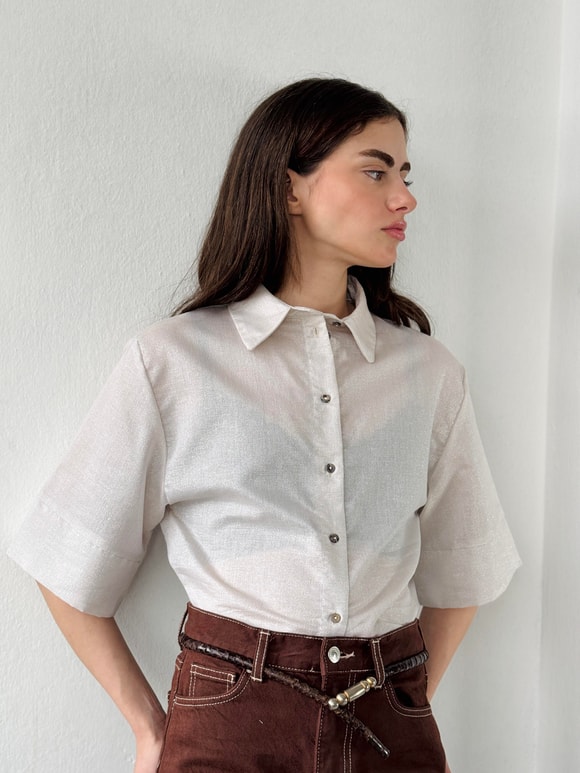 Retrobird Hafif Simli Retro Model Krem Gold Bol Kısa Kol Kadın Gömlek