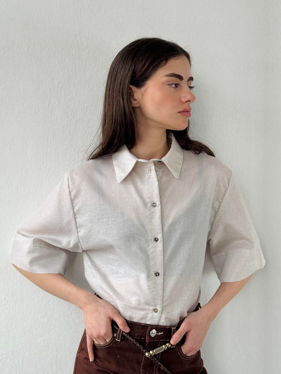 Retrobird Hafif Simli Retro Model Krem Gold Bol Kısa Kol Kadın Gömlek