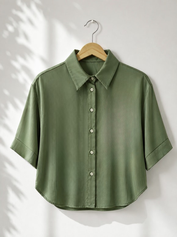 Retrobird Haki Renkli Saten Görünümlü Retro Model Bol Kısa Kol Kadın Gömlek