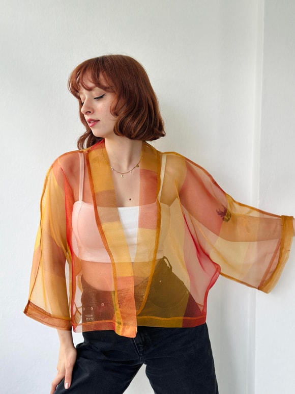 Retrobird Turuncu Renkli Organze Tasarım Mini Kimono