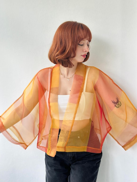 Retrobird Turuncu Renkli Organze Tasarım Mini Kimono