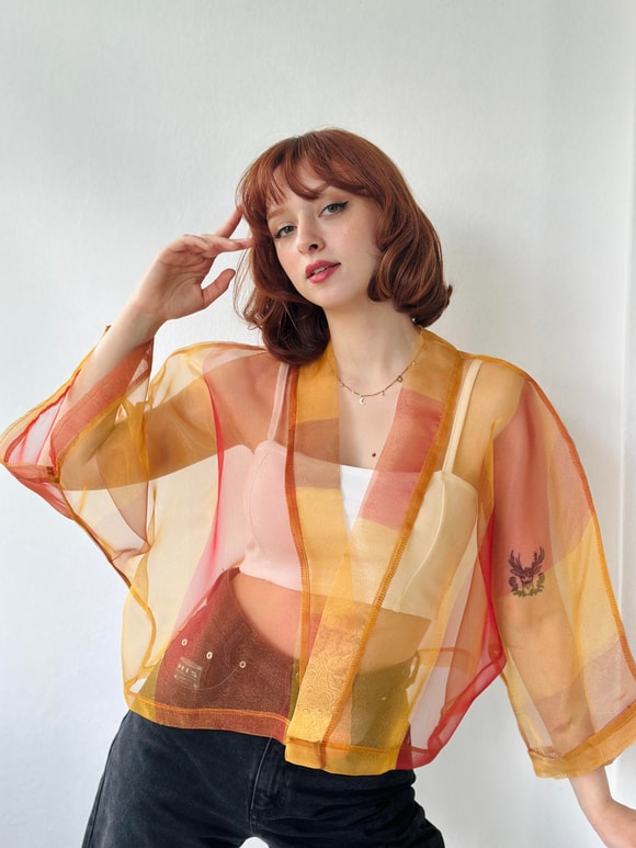 Retrobird Turuncu Renkli Organze Tasarım Mini Kimono