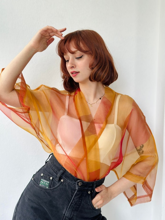 Retrobird Turuncu Renkli Organze Tasarım Mini Kimono