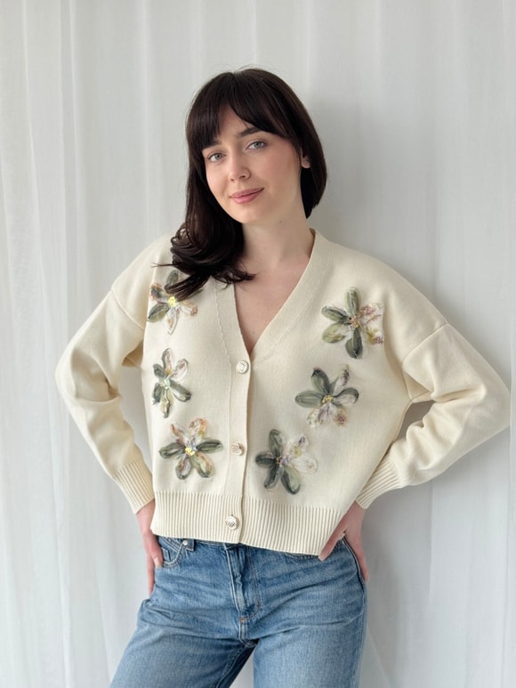Retrobird Kabartma Aplike İşlemeli Haki Romantik Hırka