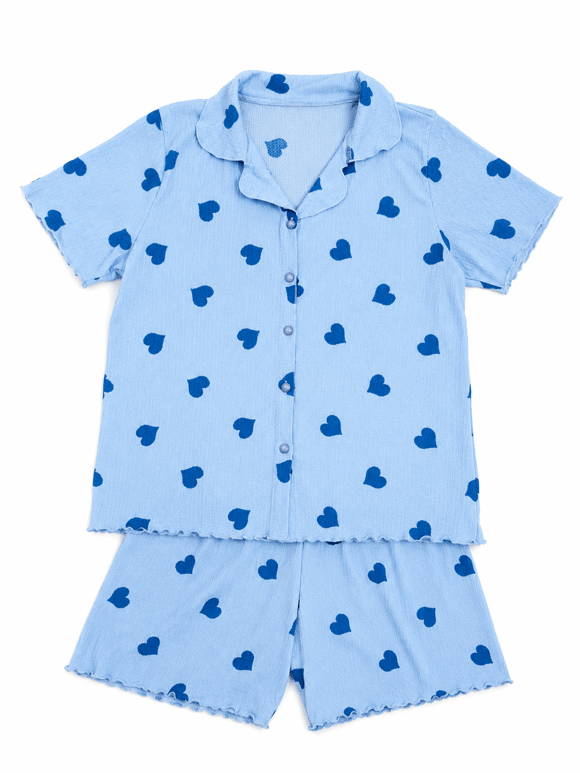 Retrobird Kadın Bürümcük Kumaş Mavi Şortlu Pijama Takımı – Yazlık Ev Giyim