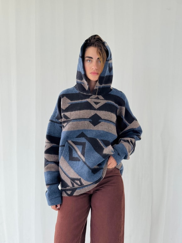 Retrobird Kalın Kaşe Kışlık Oversize İndigo Unisex Kapüşonlu Sweatshirt