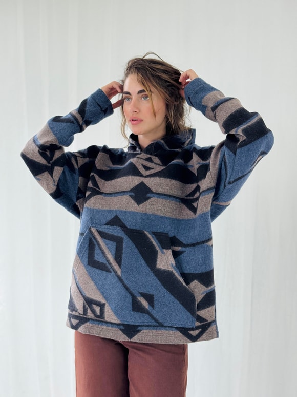 Retrobird Kalın Kaşe Kışlık Oversize İndigo Unisex Kapüşonlu Sweatshirt