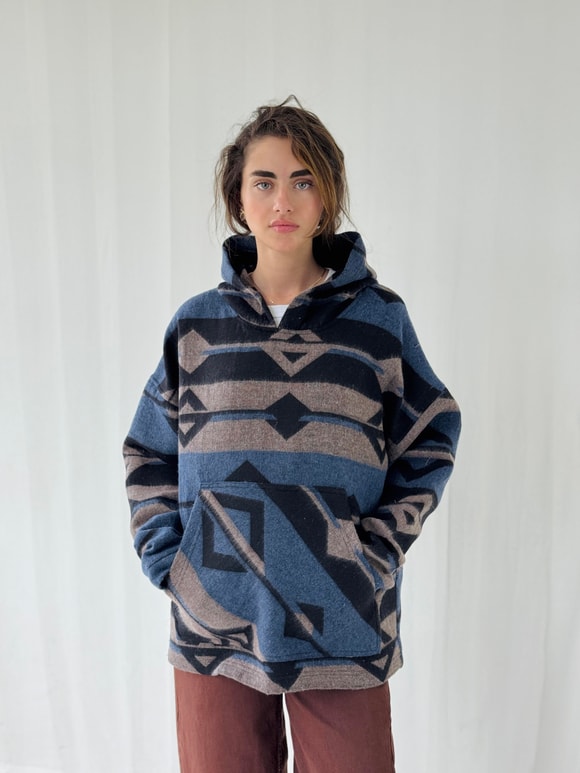 Retrobird Kalın Kaşe Kışlık Oversize İndigo Unisex Kapüşonlu Sweatshirt