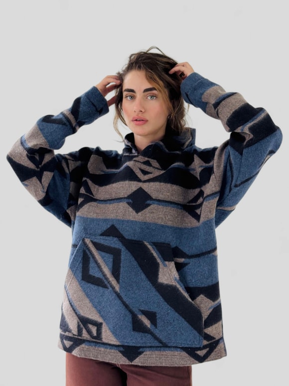 Retrobird Kalın Kaşe Kışlık Oversize İndigo Unisex Kapüşonlu Sweatshirt