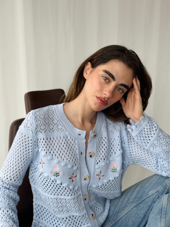 Retrobird Mavi Nakış İşlemeli Romantik Hırka