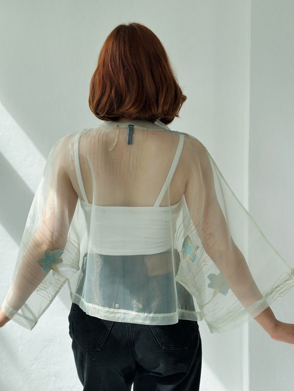 Retrobird Kül Mavi Renkli Organze Tasarım Mini Kimono