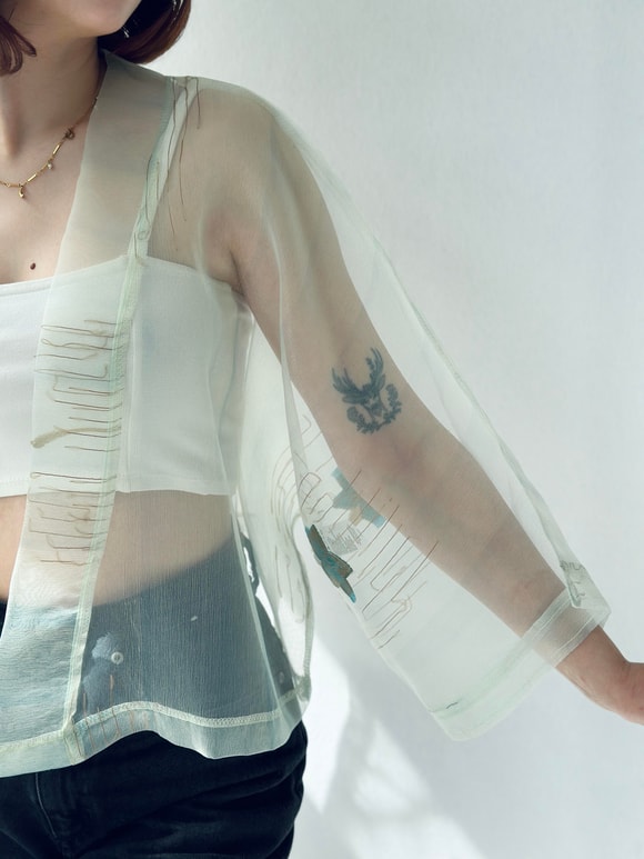 Retrobird Kül Mavi Renkli Organze Tasarım Mini Kimono