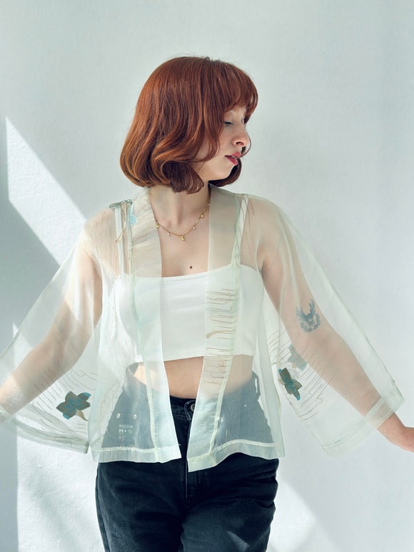 Retrobird Kül Mavi Renkli Organze Tasarım Mini Kimono