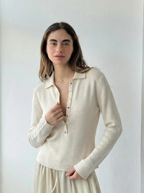 Retrobird Likralı İnce Polo Yaka Krem Basic Kazak