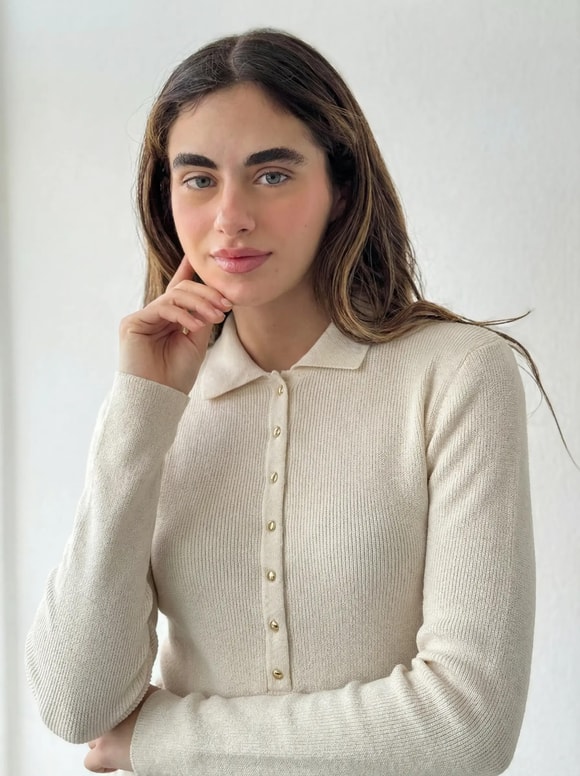 Retrobird Likralı İnce Polo Yaka Krem Basic Kazak